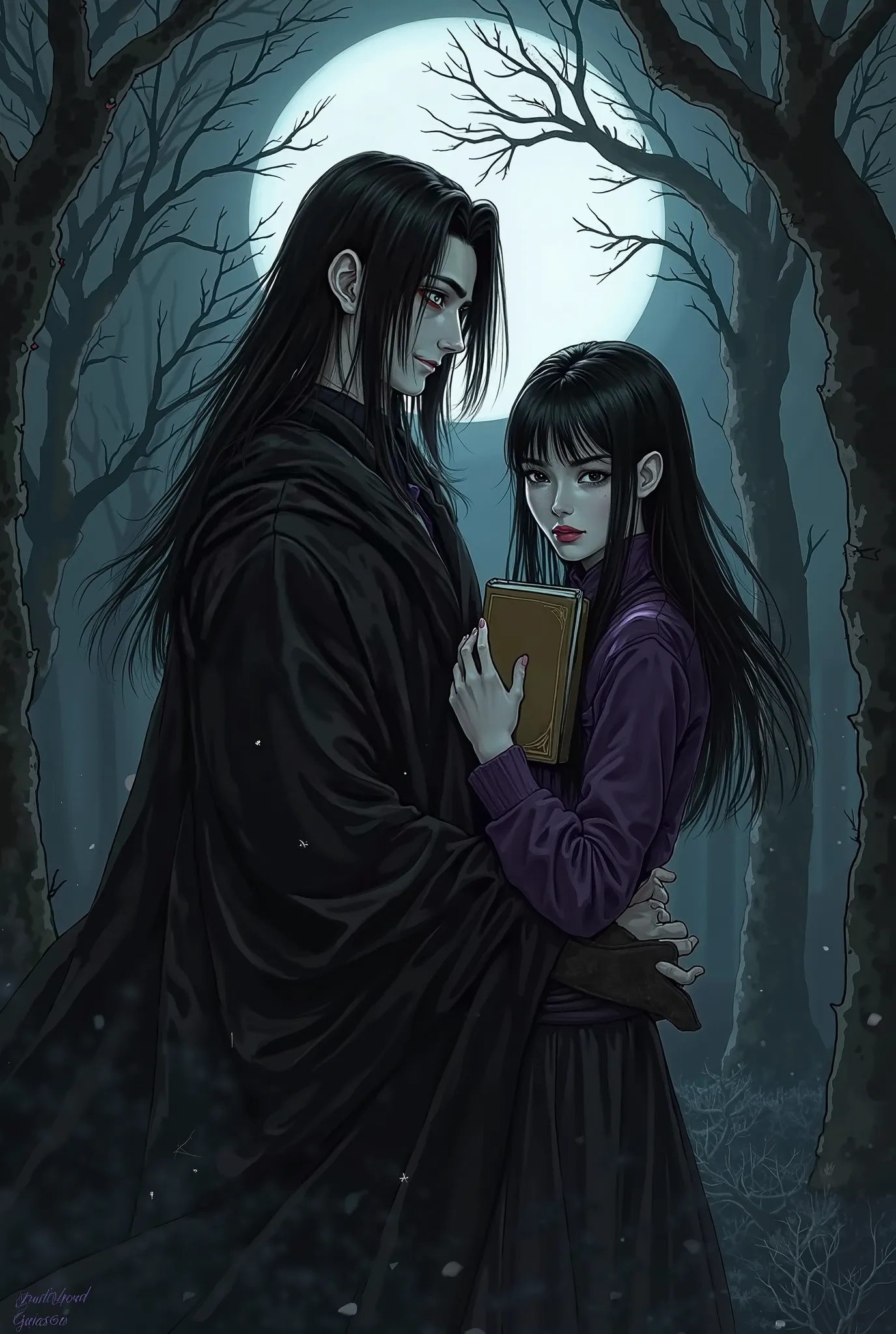 I want a picture of a man with sharp and bloody eyes, tall, long black hair, wearing black clothes, looking handsome and scary and holding the shoulder of a short woman with a frightened face, beautiful features, green samples and a beautiful body wearing ...