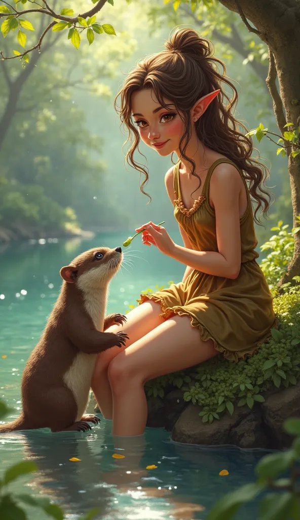 Adorable and energetic wood elf girl with soft facial features and tanned skin, long curly brown hair pulled up into a ponytail, kind and sparkling amber eyes with a soft smile, sitting in a log next to a river and feeding an otter