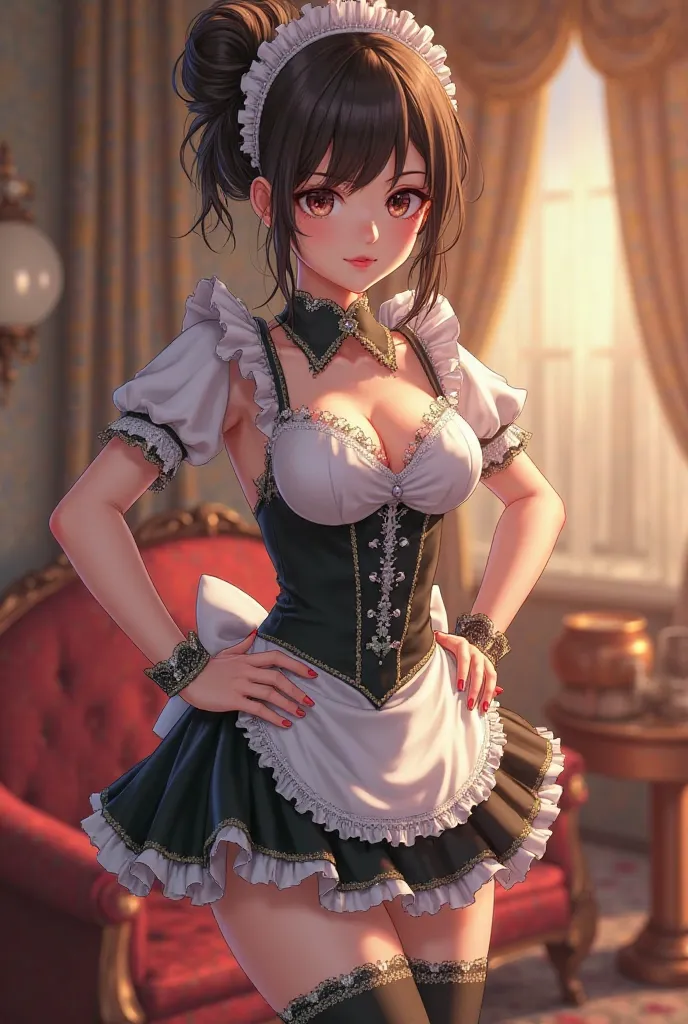 Brunette anime girl wearing sexy maid costume