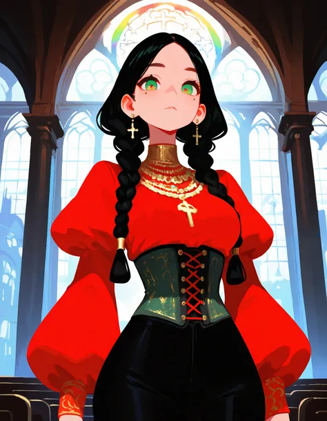 masterpiece, best quality, good quality, very awa, very aesthetic, absurdres, newest, (Perfect details),(****), 1girl, solo, braid, black hair, standing, cowboy shot, long sleeves, breasts, green eyes, looking at viewer, twin braids, long hair, corset, puf...