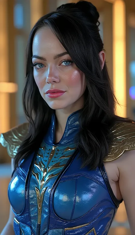 The image shows Emma Stone portrayed as Kitana, The * mortal kombat*, em um estilo super realista e The alta qualidaThe. She has long black hair , styled in an elaborate and elegant bun, typical of the character, with loose locks that fall gracefully aroun...