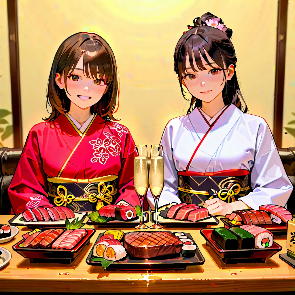 (perfect anatomy of the respiratory system:1.5)、( two beautiful adult women in kimono)、( hotel guest room)、(Sit on the couch side by side)、(  has a bright smile)、( Fine brown eyes )、(Japanese dolls on the table)、(Champagne on the table、sushi, vegetables, s...