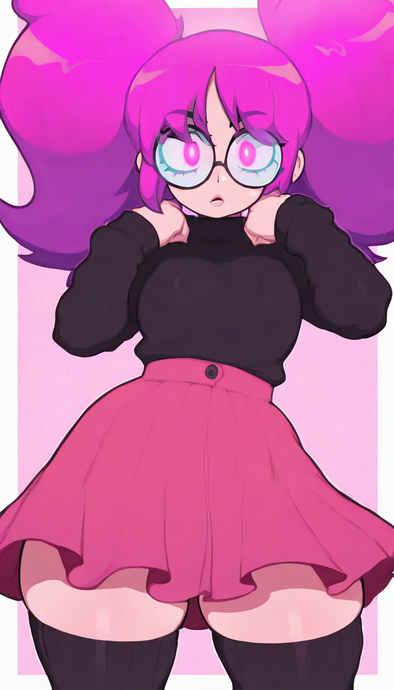 masterpiece, best quality, very aesthetic, 1girl, solo, looking at viewer, magenta hair, black sweater, thighhighs, long shirt, black wavy knee size skirt, polka dot background, white border, cowboy shot, dynamic pose, front view, neon pink eyes, glowing e...