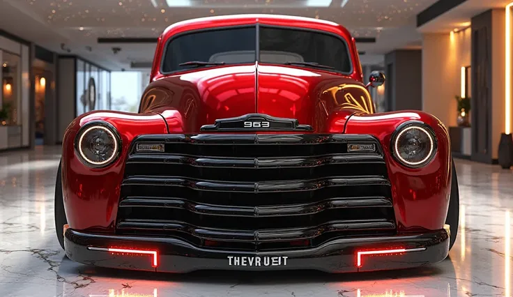 1953 Front bumper view Create an ultra-detailed 3D render of a futuristic luxury 1953 pickup truck designed for 1953, specifically the 1953 Chevrolet 3600 Pickup, showcasing a bold and aggressive front-end design. The truck features a massive blacked-out 1...