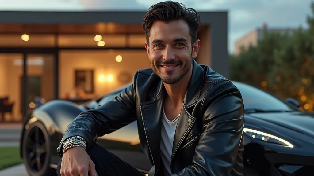 A rich young man with a confident smile, wearing a black leather jacket and fancy jewelry, sits in front of a modern house with a sports car in tow, semi-realistic style, cinematic lighting.”