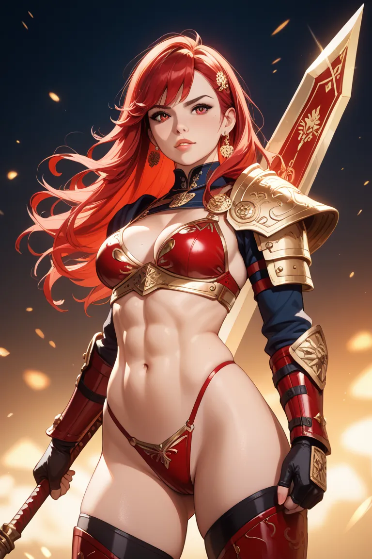  Female Warrior　20 years old　red hair short hair　unkempt lantern hair　 red bikini armor　full body　nsfw　 high leg　longsword