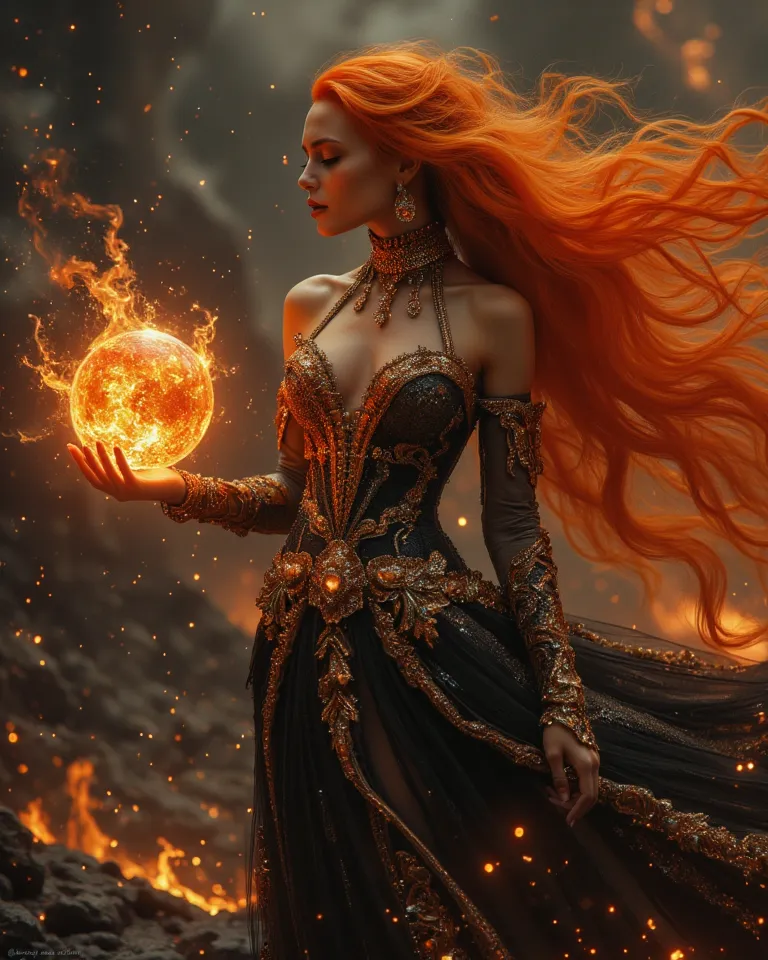 A photo realistic picture of a Beautiful orange long flowing haired Lava Woman, (blown up hair:1.2), wear overall covered turtleneck dark gown ornated with golden lace and 24 carat diamonds, bright lava orb in her left hand appears a day before Krakatau Vo...