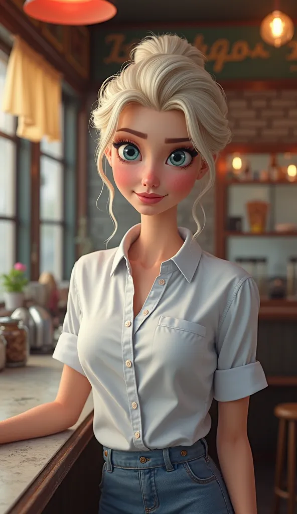 Elsa from frozen as a waitress, tight, white blouse realistic photo