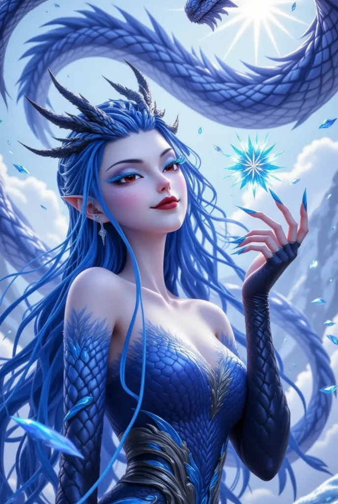  noble and elegant Dragon Princess， She will freeze magic ，  red eyes，Blue eyelashes，Dragon Horn。 I prefer blue clothes 。Dragon in the air。crystal darts，Glowing example ，  ray tracing，Motion Capture 。  Disney-style  ，ig model，Blue Elf,    detailed fantasy ...