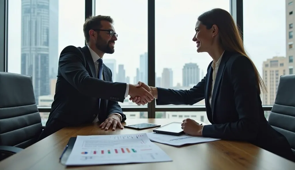 "Two executives shaking hands in a high-end corporate office after a successful deal. A contract is on the table, a laptop shows financial reports, and the city skyline is visible through large windows."

