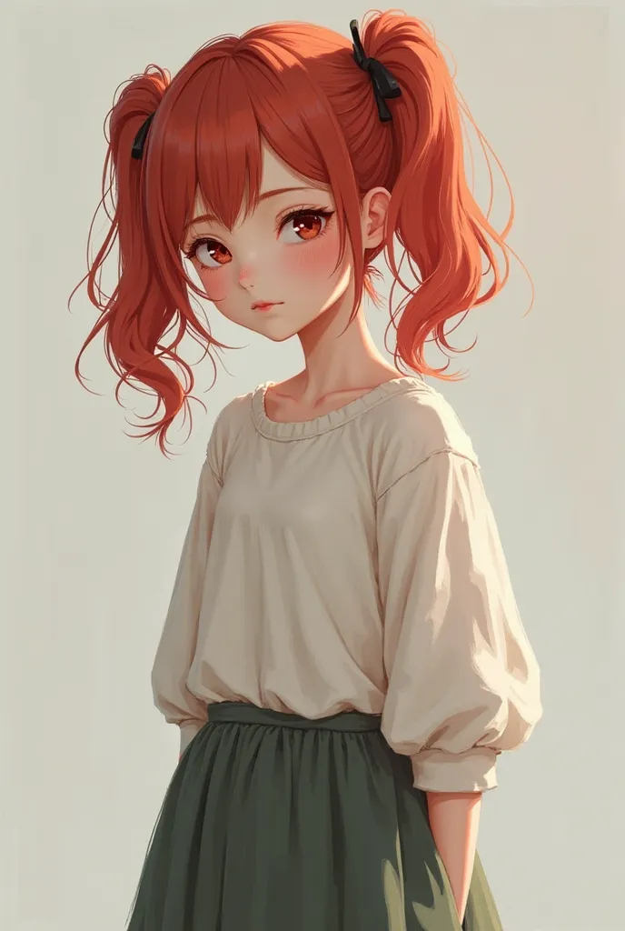 A shy girl has two pigtails, she has red hair, she's wearing a skirt, she's 18 years old. 