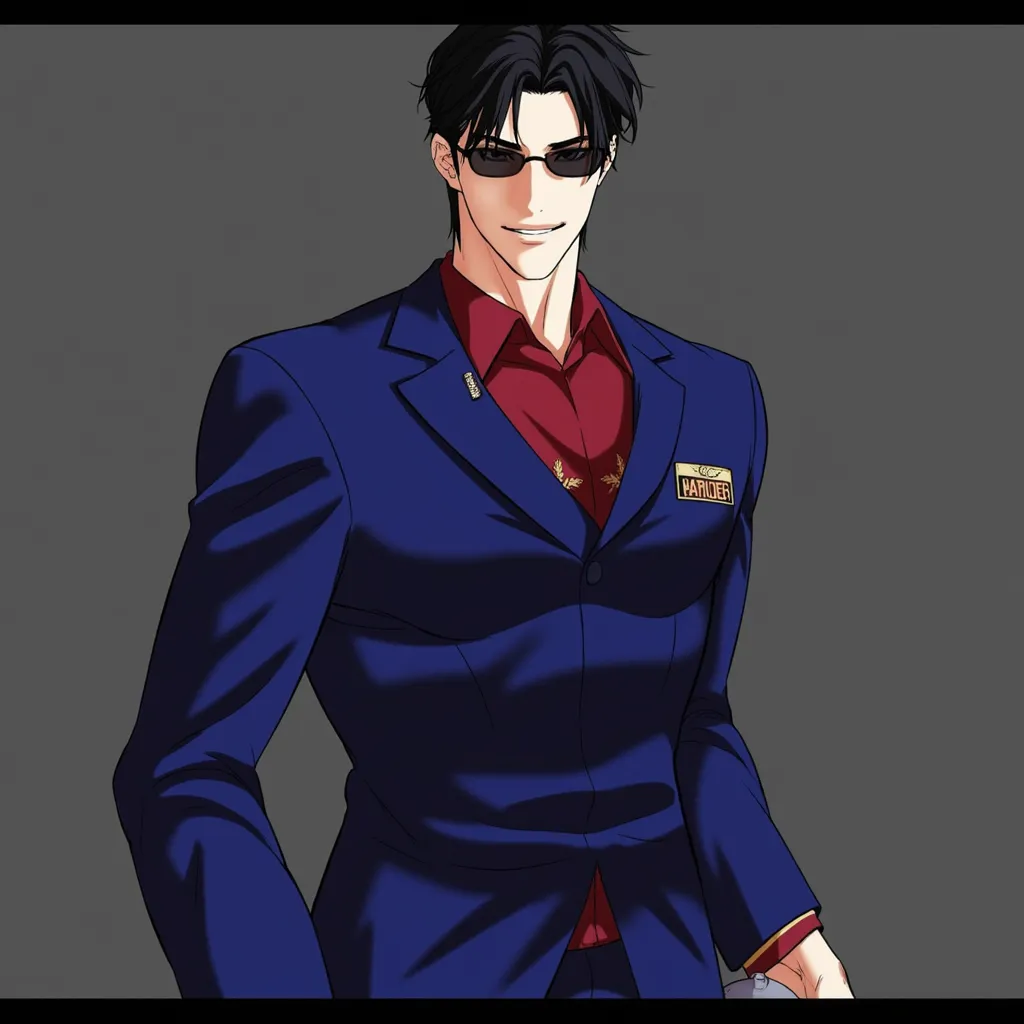 Inner scene "look" , manga with tall male character, athletic figure, strong, short hair, black hair, very aggressive appearance, sharp angular face. , Elegant tall male figure, Blue police suit , Confident and relaxed posture, strong jawline, intense gaze...