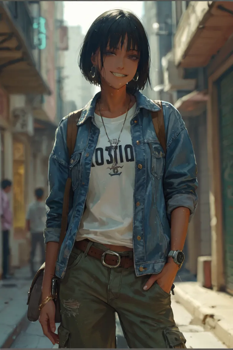 A 30-year-old Brazilian-Japanese woman with sharp, observant dark eyes and sun-kissed skin. She has sleek black hair in a choppy bob and wears an oversized, faded denim jacket over a black and white Corinthians jersey. Olive cargo pants and scuffed black c...