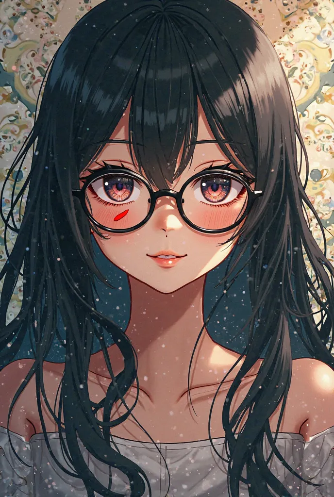 anime girl, scar on eye,  smile、3:3、anime、MINI-CHARACTERS、 real、 imaginary、 black hair、glasses、 sagitales、long hair、