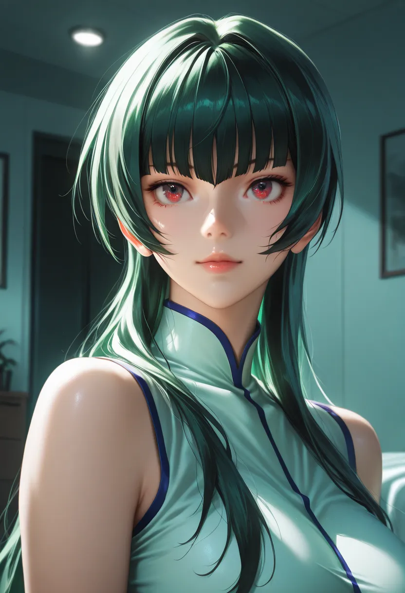 masterpiece, best quality, vibrant, very aesthetic, high contrast, photorealistic portrait,beautiful detailed face,detailed texture,detailed skin, newest, 1girl,Mobile Suit Gundam 00,source_Mobile Suit Gundam 00,Wang Liu Mei,shirt,room,realistic lighting
