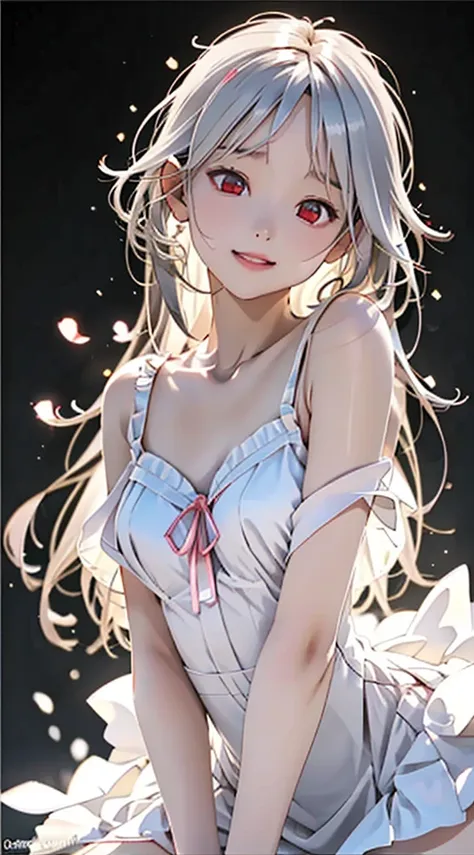 (Photorealistic:1.4)、asuna,(masterpiece、lens flare:1.5、spot light:1.2、Exquisite beautiful eyeonochrome:1.5,portlate、)、Cute Face、 3D Face、(platinum White hair:1.5、Straight Hair)、(1 Girl)、(Red eyes:1.2)、(upper body)、(leaning forward),(Sundress)、 (Cute face:1...