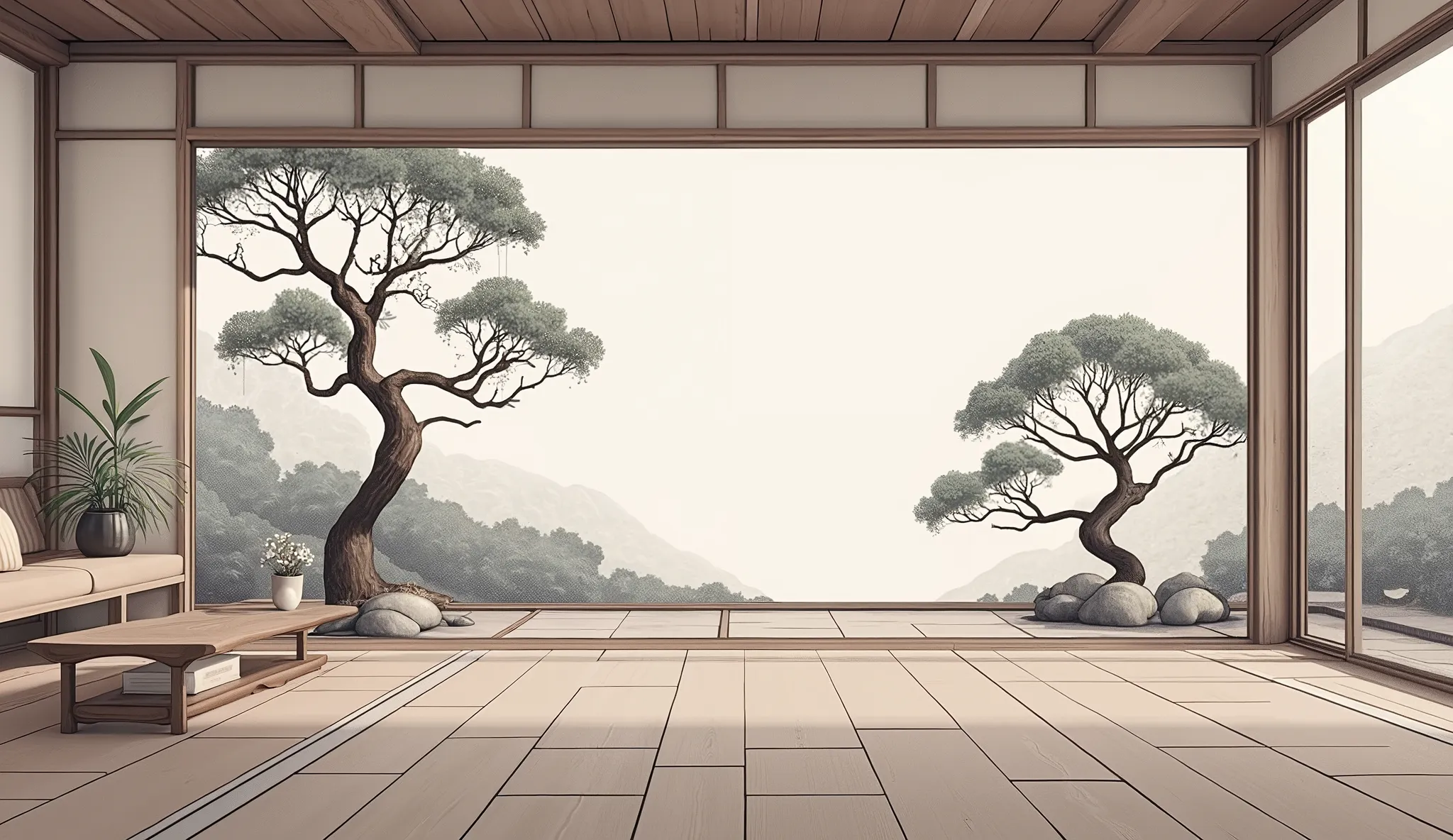 illustration in soft colors predominating , minimalism of a Japanese style living room with window to see the minimalist Japanese garden with bonsai trees, the stage evokes energy and elegance