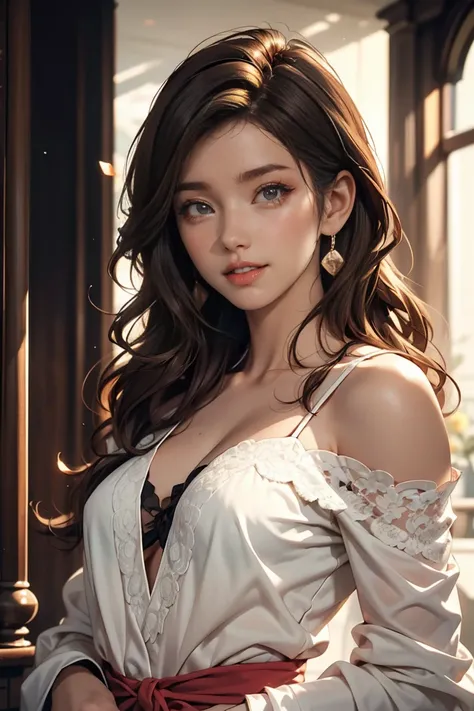 Her dark hair, Luxurious, Wavy, 優雅に私のshoulderを流れ落ちる、 gently flow around my face , Add a little charm .1 Female, (Ultra realistic, Hi-Res), ( Very Detailed目, Very Detailed髪, Very Detailed顔,  plump lips that smile modestly), (off shoulder with open chest), c...