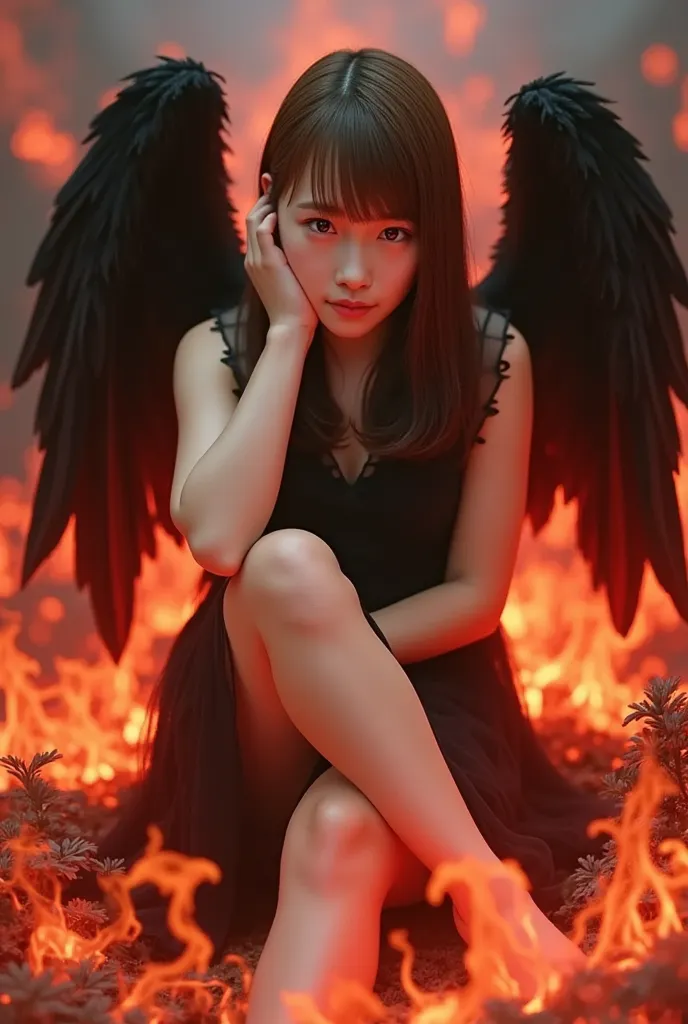 1 girl,   angel,black  angel wings,Wings engulfed in flames、black tunic engulfed in flames,((( Red Eyes))),is sitting,Raise your right knee,Place your right elbow on your right knee，(((hell))),