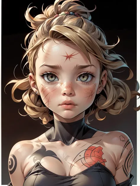 Cute coy bouncy girl, very revealing outfit, tribal arcane tattoos, scars all over, wild hair, vicious eyes, bloody nose,

Solo, High Resolution, Looking at viewer, Simple background, Motion Lines, Masterpiece, Accurate, Anatomically Correct, Best Quality,...