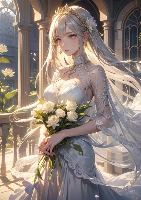 Best Quality。detailed description。Ancient castle greenhouse with blooming flowers。man with long silver hair and green eyes with short blond hair、Golden-eyed woman with long silver hair、((One adult man and one adult woman))。They have grown up 、gives a sharp...