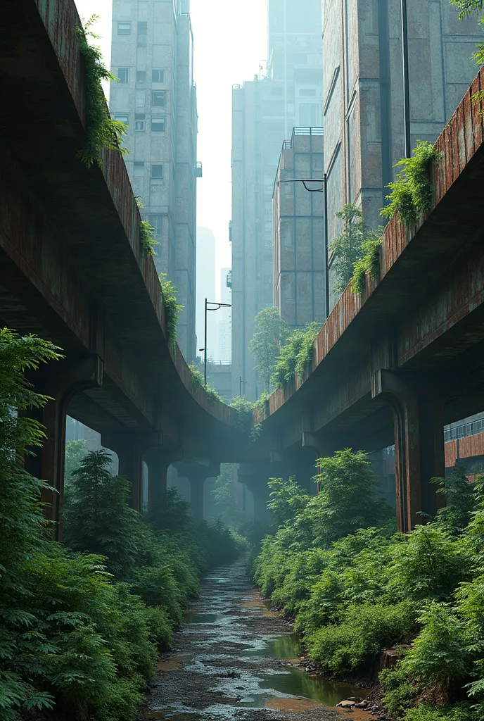 cyberpunk、Higashida Expressway、plant、rusted building