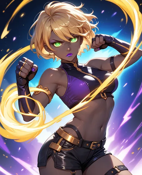 Girl with Black skin, Black skin color, Black skin, golden hair, short hair, dark purple lipstick, green eyes, glowing eyes, Dark purple nails, small cropped top without straps, Black shorts, Black opera gloves, golden energy, golden aura, Golden energy au...