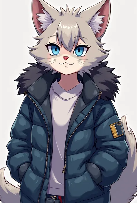 anime - style illustration of a cat with blue eyes and a blue jacket, fursona wearing stylish clothes, fursona art, fursona furry art commission, fursona!!!!, fursona commission, furry wolf, wolf fursona, high quality fanart, furry art!!!, furry anime, fur...