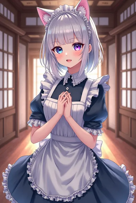 Japanese style maid, beautiful girl with cat ears, Odd Eye anime illustration, mansion background