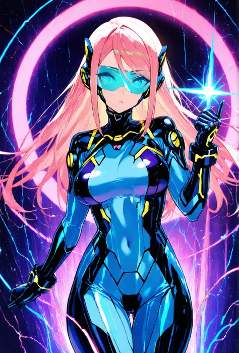 "A sleek and hypnotic futuristic bodysuit inspired by latex, cyberpunk aesthetics, and Samus Aran's signature style. The outfit is a form-fitting, high-tech exosuit in deep metallic blue and gold, with biomechanical patterns and glowing neon accents that p...