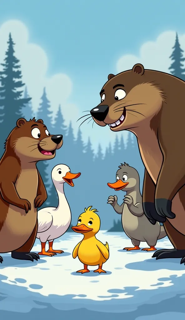 Prompt:
"A small yellow duck stands on the icy shore, looking determined but slightly nervous. Around him, a group of larger animals—strong beavers, tall swans, and playful otters—laugh and smirk. One large beaver leans forward, teasing Danny with a smug e...