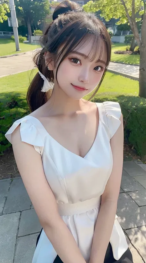 One piece with collar,outdoors,Urban Park,On the lawn,Ultra-detailed, finely detail, hight resolution, 8K Wallpaper, Perfect dynamic composition, Beautiful detailed eyes,Outdoor,Close-up of face,Outdoor,Blushing,Facing forward,,Long hair ponytail,((8K, Raw...