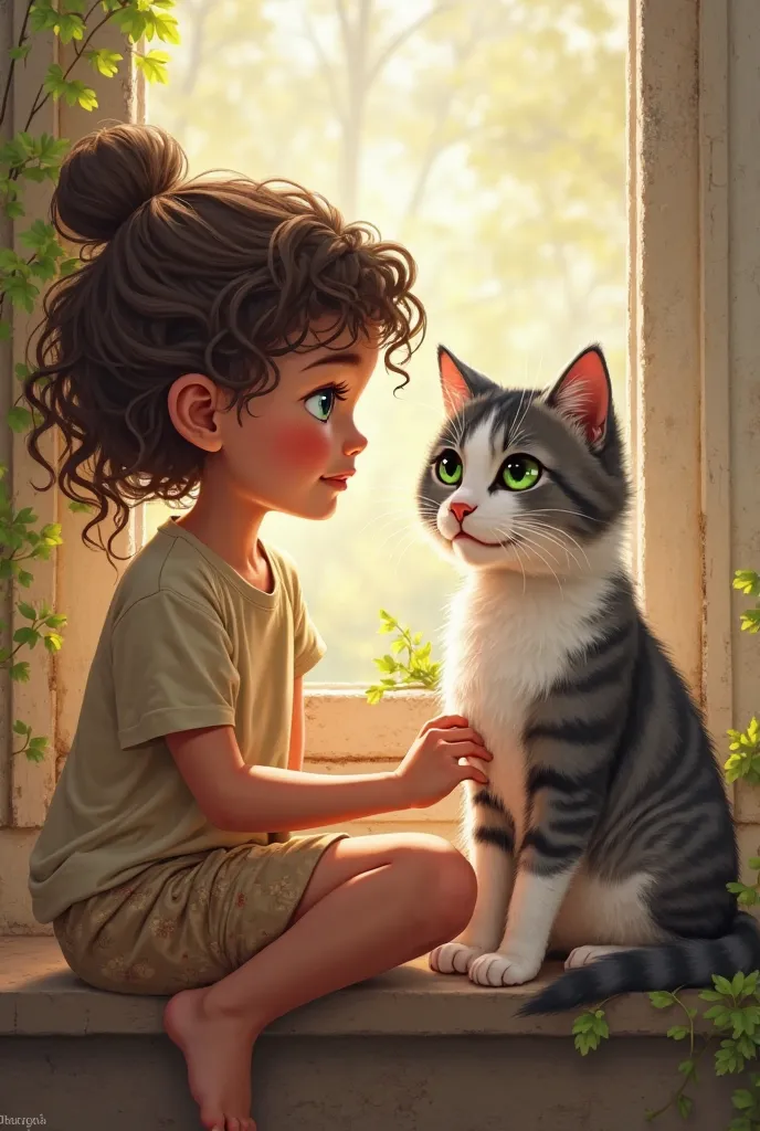 Once upon a time, in a cozy little house on a quiet street, there lived a curious and playful cat named Whiskers. Whiskers was a beautiful grey and white cat with bright green eyes and soft, fluffy fur.

One sunny afternoon, a  named Sophia moved into the ...