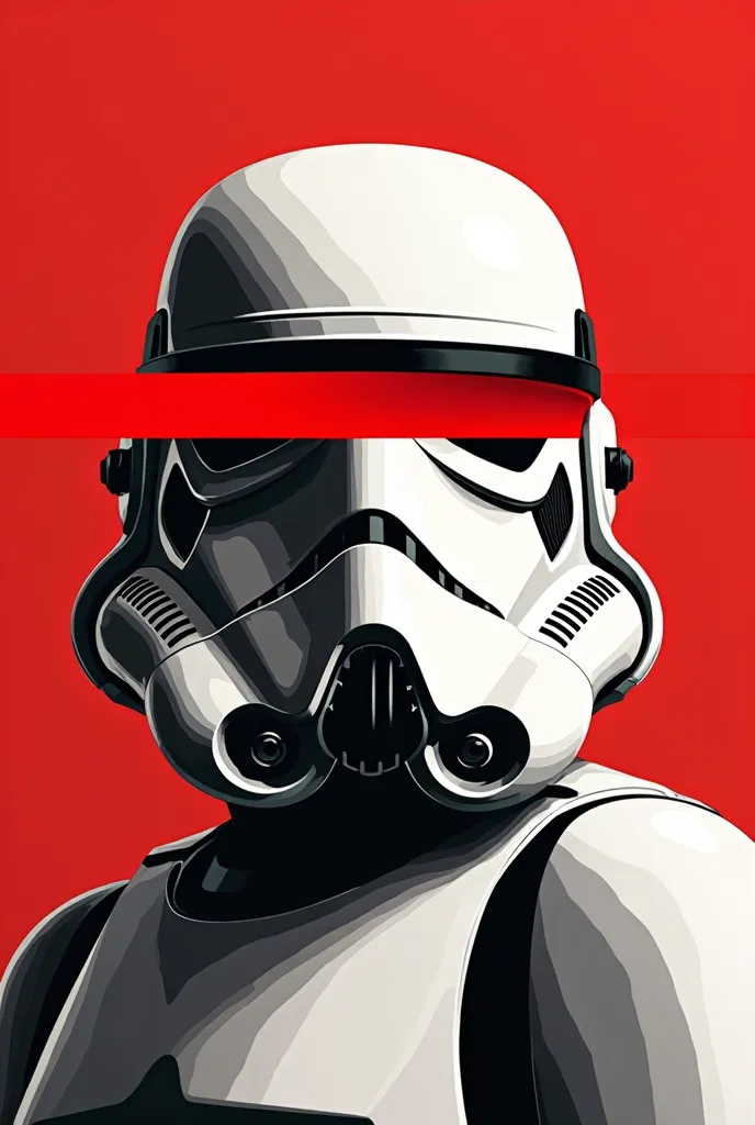 A stylized Art vectoriel portrait of Stormtrooper with a black and white face, partiellement obscurci par une bande rouge audacieuse sur ses yeux et sa bouche. L'arrière-plan est rouge uni. La figure semble solennelle, Art vectoriel