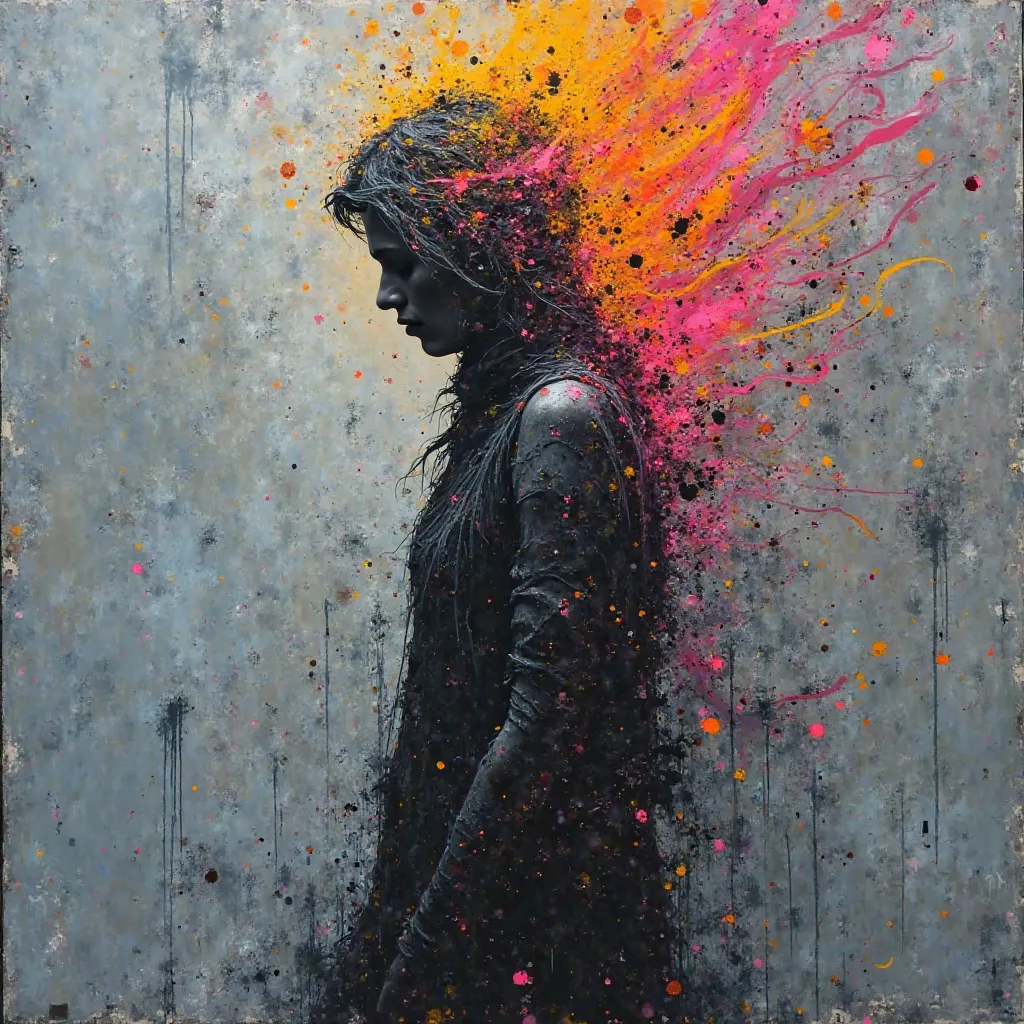 In neon spray paint and chalk pastel stencil art, cloaked waist-down in a fractured mosaic of gray, her shoulders burn with saffron luminescence as she exhales swirling ribbons of color moving like a cello’s bow—this synthesis of Harmonic Silent Rebellion ...