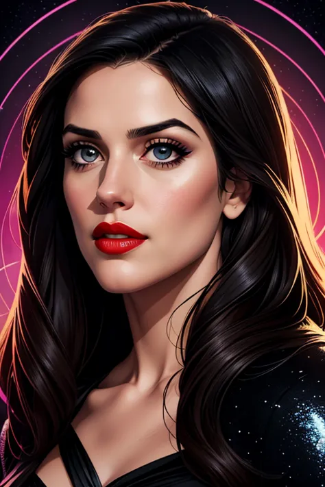 A portrait of a beautiful female whose facial features are a combo of Julie Gonzalo + Katie McGrath. The female's hair is untied and hangs loose. The female wears a sparkly black evening dress and black high-heeled shoes. The female has lovely makeup on he...