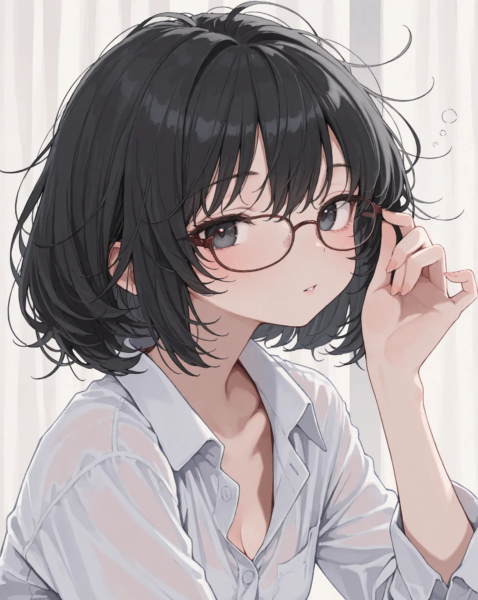  1girl ,Black hair,Glasses,bust,lmasterpiece, best quality, high quality, detailed, ultra detailed, beautiful, exquisite, insanely detailed, hyper detailed, absurdres,  highres, bashful,messy hair,Bob,throw