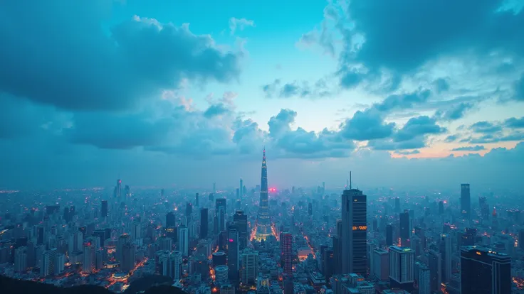 City sky timelapse, bright blue is gradually covered by clouds, city lighting changes