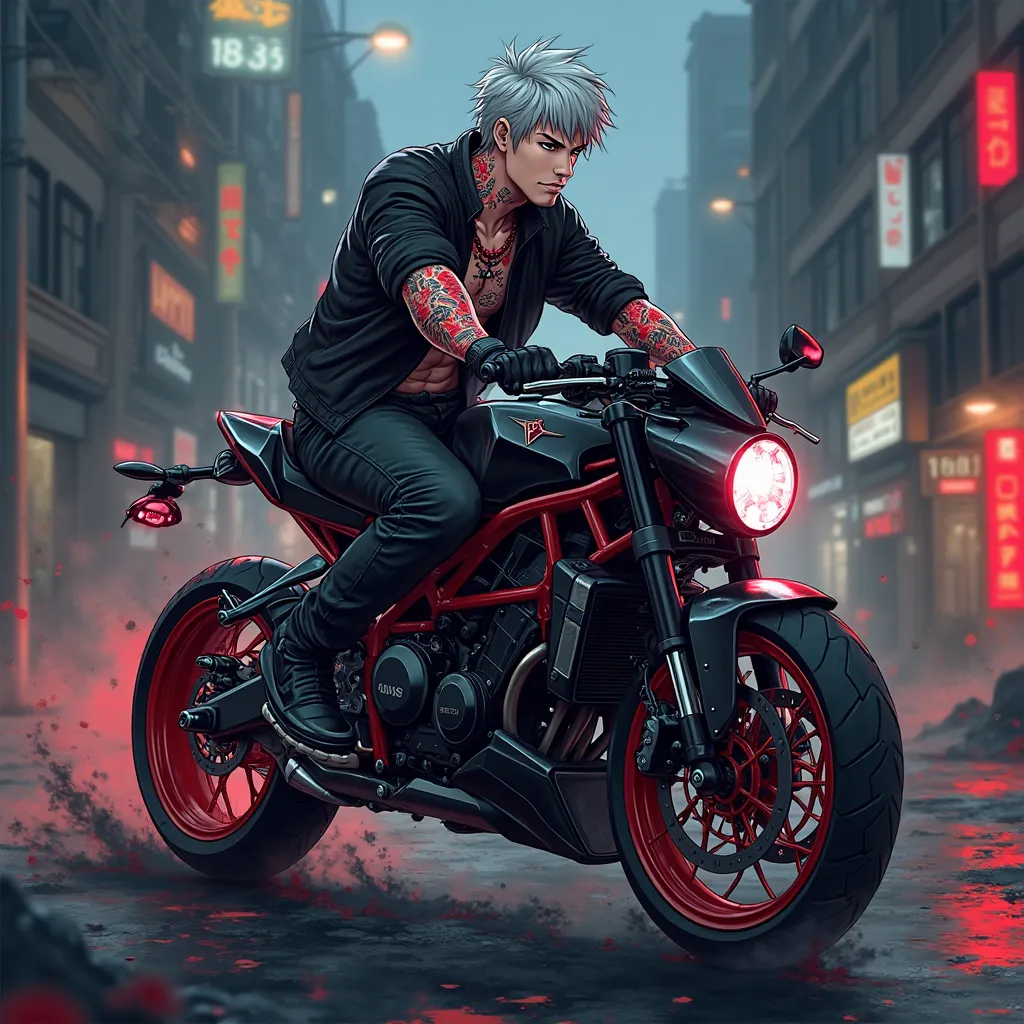 Create a background photo for my Twitch channel, Make it anime style. I'm a male VTuber and my character has gray hair and red tattoos from the Japanese Mafia. Do me on a black motorcycle too