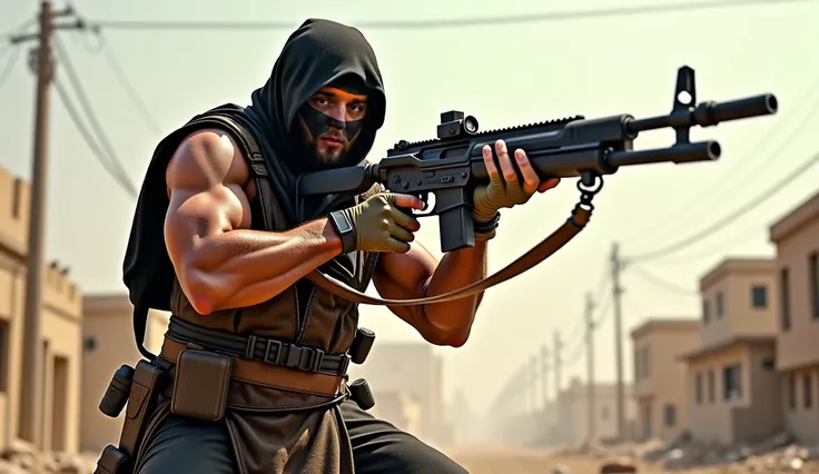 a muscular and slender warrior of Islam looks at the camera and shoots with a machine gun. He has broad shoulders and a narrow waist, a hairy body. Dynamic pose. There is a war going on in the background.