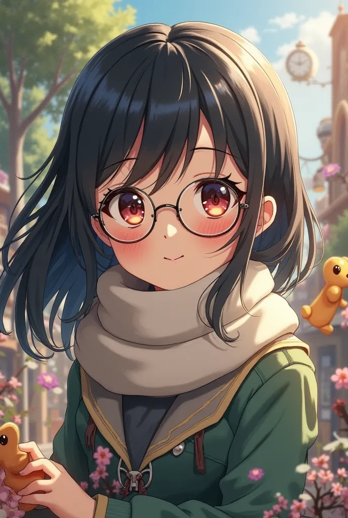 anime girl, scar on eye,  smile、 elementary school student、anime、MINI-CHARACTERS、 real、 imaginary、 black hair、glasses、 sagitales、long hair、muffler、 comments、