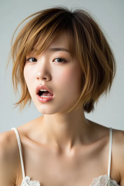    Ultra High Definition  。  reality。headshot of a young Asian woman with brown hair。Off Shoulder、Random straight pixie cut hair in blond and brown colors 。 Surprised, She closes her eyes tightly 、Open your mouth wide and wide 。