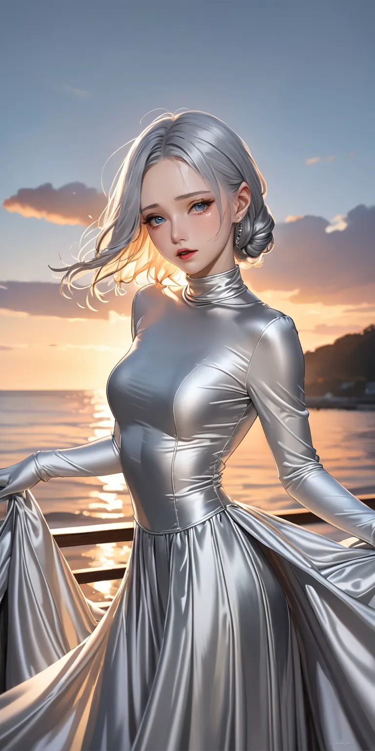 Portraiture、(masterpiece,Highest quality,Ultra-high resolution),Japanese women with silver hair, (((Very beautiful 25 year old girl)))、(She is wearing a shiny light silver satin long sleeve outfit..)、The dress has a simple design without any patterns...、((...