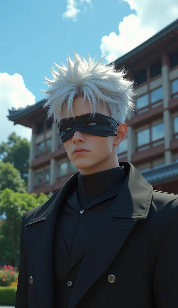 Satoru Gojo, standing confidently in front of Jujutsu High School during the day, wearing his signature all-black uniform with the high-collared jacket, his white hair spiked up and his sharp blue eyes visible through his blindfold, exuding a cool and char...