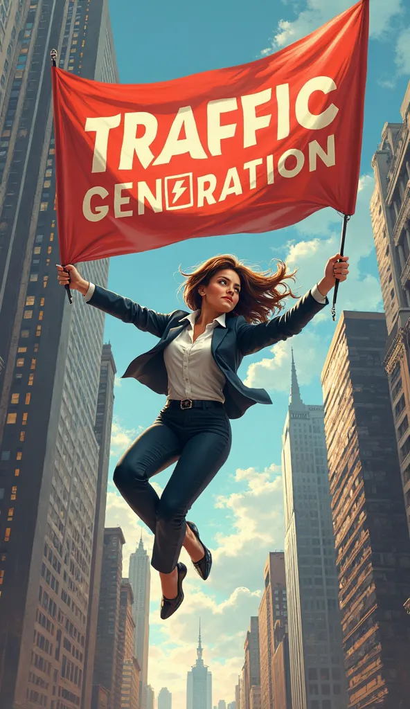 Novel cover art style businesswoman swinging through a cityscape, holding a giant “Traffic Generation” banner, 