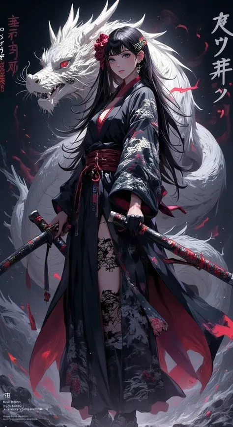 A mystical and dark warrior samurai with an imposing presence and an aura of deadly elegance. She wears a black kimono adorned with white dragon and cloud patterns, with red details on the inner edges. Her obi features an intricate black-and-white design, ...