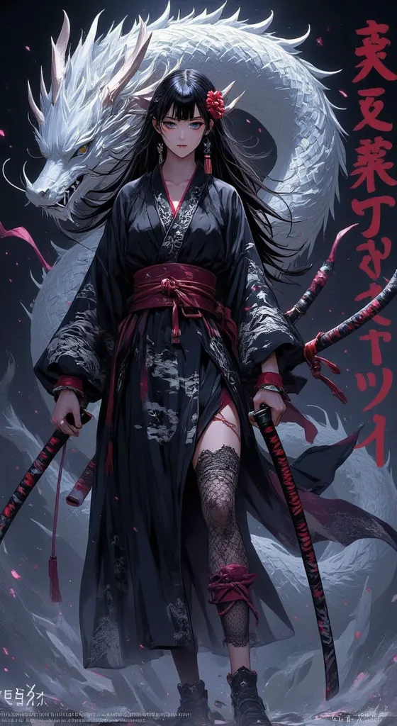 A mystical and dark warrior samurai with an imposing presence and an aura of deadly elegance. She wears a black kimono adorned with white dragon and cloud patterns, with red details on the inner edges. Her obi features an intricate black-and-white design, ...