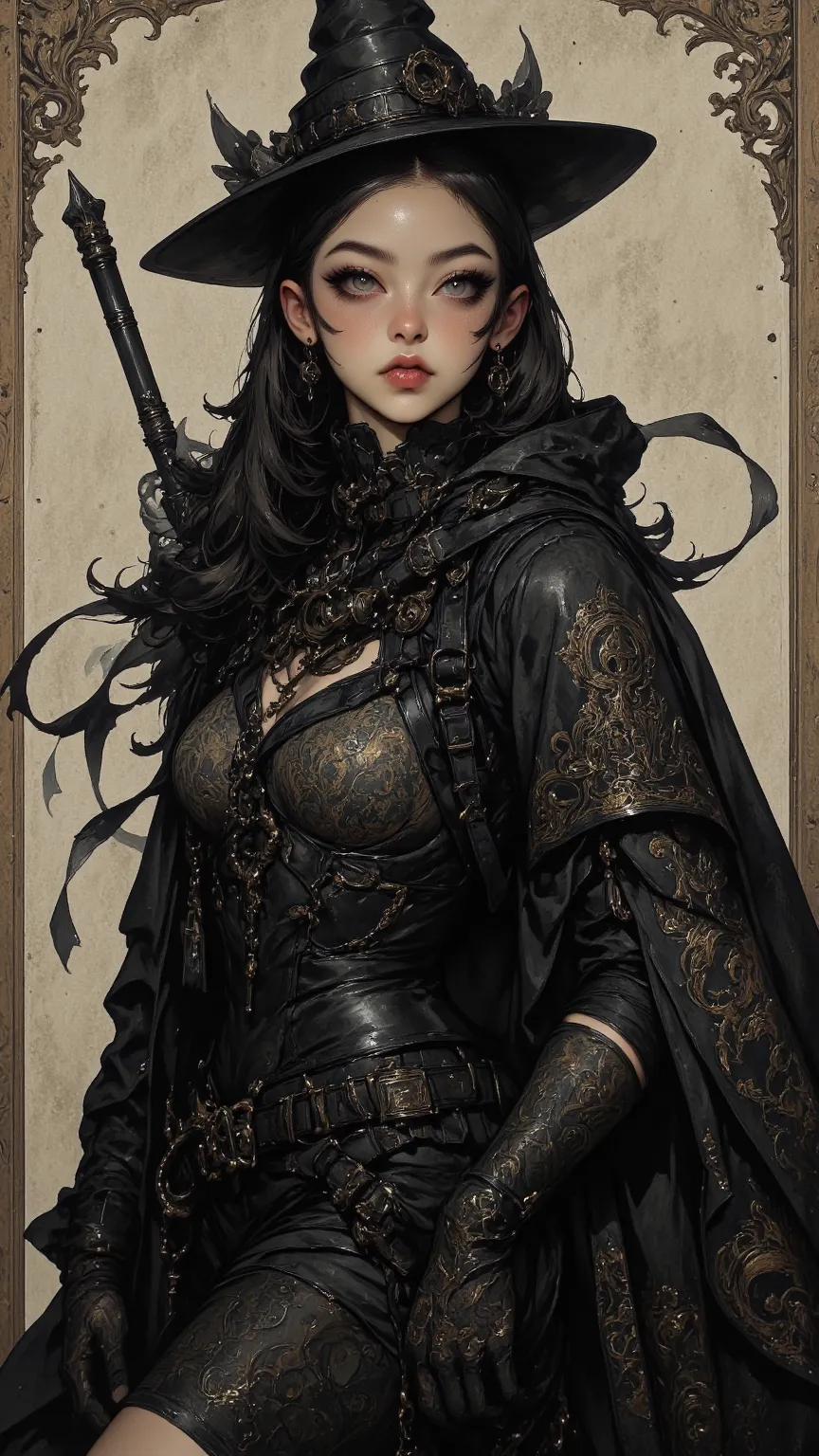 A Charming Witch，charming eyes，Wear Black Elegant Clothing，Flowing Black Cloak，Intricate Lace Cuffs，With Gothic witch style，With a Charming Air，Full Charming Appearance。