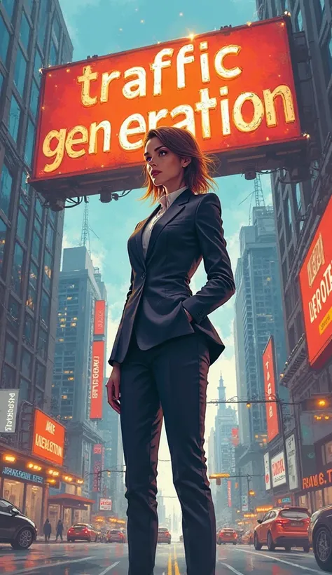 Novel cover art style businesswoman standing  a cityscape, holding a giant “Traffic Generation” banner, 