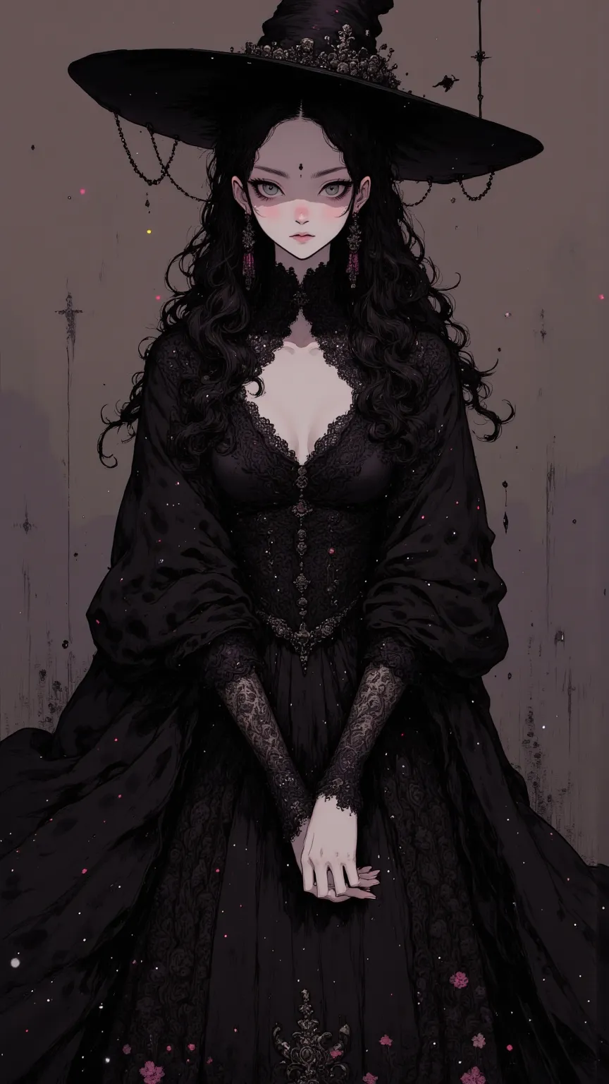 A Charming Witch，charming eyes，Wear Black Elegant Clothing，Flowing Black Cloak，Intricate Lace Cuffs，With Gothic witch style，With a Charming Air，Full Charming Appearance。